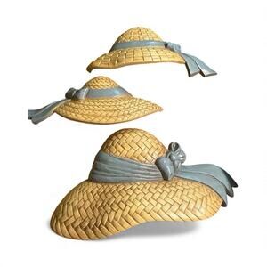 Vtg BURWOOD Prod. Brown & Blue Plastic Straw Hat Wall Hangings Set of 3 - 1987